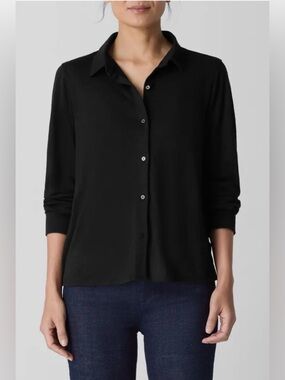 Eileen Fisher Classic Organic Linen Jersey Black Button-Up Shirt✨NWOT Sz S -L